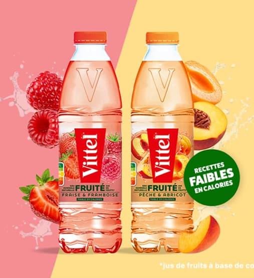 Bouteilles Vittel Fruité avec fruits.